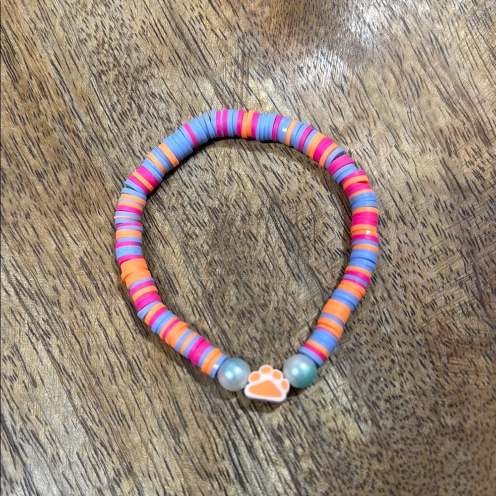 Handmade Pink and Orange Beaded Bracelet with Dog Paw Charm. Pet Animal